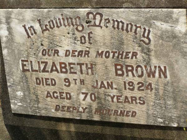 Elizabeth BROWN,  | mother,  | died 9 Jan 1924 aged 70 years;  | Howard cemetery, City of Hervey Bay  | 