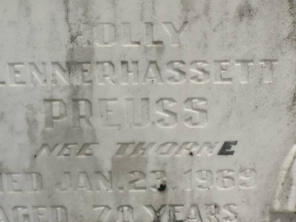 Holly Blennerhassett PREUSS (nee THORNE),  | died 23 Jan 1969 aged 70 years;  | Howard cemetery, City of Hervey Bay  | 