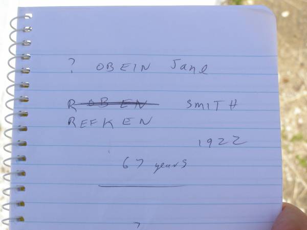 Elizabeth? Jane Breckon? SMITH,  | died 28 Jan 1922 aged 67? (57?) years;  | Howard cemetery, City of Hervey Bay  | 