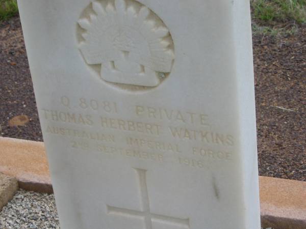 Helen Maud WATKINS,  | died 26 Nov 1915 aged 18 years;  | Thomas Herbert,  | died in camp 2 Sep 1916 agd 23 years;  | Thomas Herbert WATKINS,  | died 2 Sept 1916;  | Howard cemetery, City of Hervey Bay  | 