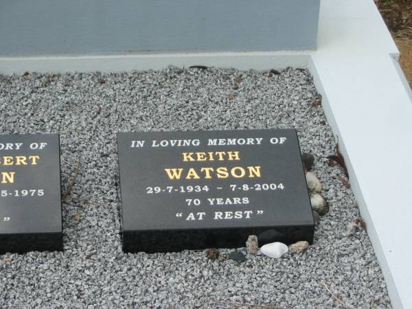 Robert Eardley WATSON,  | died 6 Oct 1954 aged 45 years;  | Raymond WATSON,  | died 13 Feb 1976 aged 40 years;  | Kevin Robert WATSON,  | 28-10-1929 - 18-5-1975 aged 45 years;  | Keith WATSON,  | 29-7-1934 - 7-8-2004 aged 70 years;  | Howard cemetery, City of Hervey Bay  | 