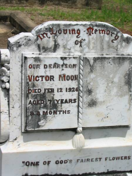 Victor MOON,  | son,  | died 12 Feb 1926 aged 7 years 8 months;  | Howard cemetery, City of Hervey Bay  | 