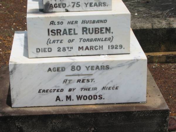 Jane FORSDYKE,  | died 8 Dec 1926 aged 75 years;  | Israel Ruben,  | husband,  | late of Torbanlea,  | died 28 March 1929 aged 80 years;  | erected by niece A.M. WOODS;  | Howard cemetery, City of Hervey Bay  | 