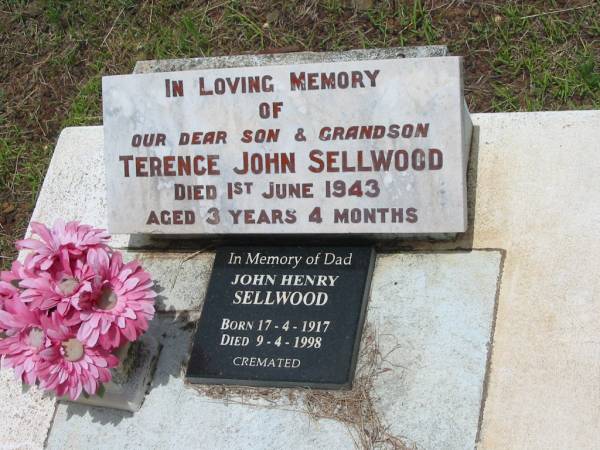 Terence John SELLWOOD,  | son grandson,  | died 1 June 1943 aged 3 years 4 months;  | John Henry SELLWOOD,  | dad,  | born 17-4-1917,  | died 9-4-1998,  | cremated;  | Howard cemetery, City of Hervey Bay  | 