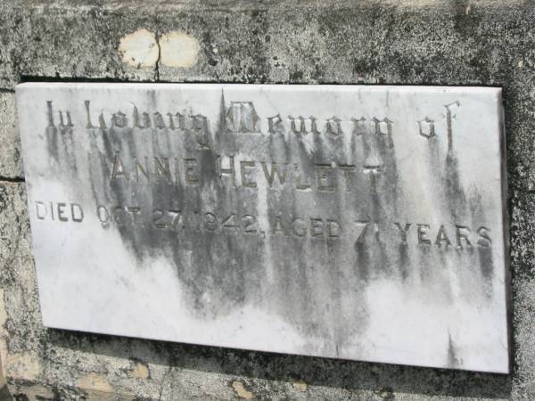 Annie HEWLETT,  | died 27 Oct 1942 aged 71 years;  | Howard cemetery, City of Hervey Bay  | 