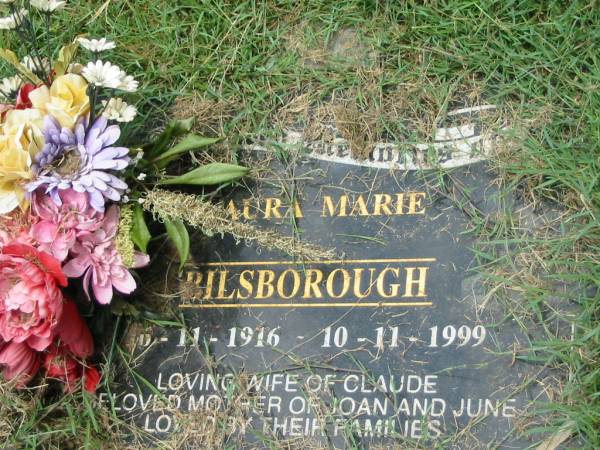 Laura Marie BILSBOROUGH,  | 16?-11-1916 - 10-11-1999,  | wife of Claude,  | mother of Joan & June;  | Howard cemetery, City of Hervey Bay  | 