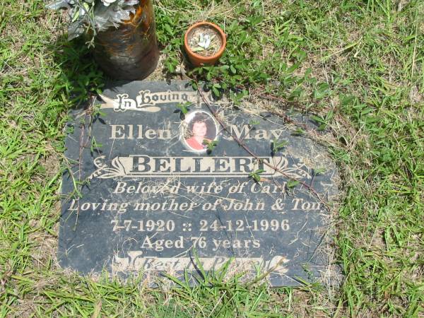 Ellen May BELLERT,  | wife of Carl,  | mother of John & Tony,  | 7-7-1920 - 24-12-1996 aged 76 years;  | Howard cemetery, City of Hervey Bay  | 