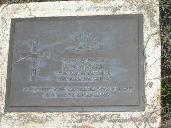 M.J. WINZAR,  | died 21 June 1986 aged 61 years;  | Howard cemetery, City of Hervey Bay  | 