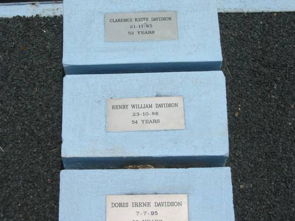 Henry William DAVIDSON,  | died 30 Sept 1955 aged 43 years;  | Veronica Carmel DAVISON,  | died 6 Aug 1961 aged 17 years;  | Clarence Keith DAVIDSON,  | died 21-11-85 aged 52 years;  | Henry William DAVIDSON,  | died 23-10-86 aged 54 years;  | Doris Irene DAVISON,  | died 7-7-95 aged 82 years;  | Howard cemetery, City of Hervey Bay  | 