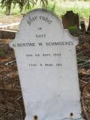 Albertine W SCHMOEKEL
geb 29 Sep 1835, gest 4 Mar 1911
Hoya Lutheran Cemetery, Boonah Shire