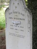 Carl WISSEMANN
geb 16 Feb 1845, gest 7 Jan 1912
Hoya Lutheran Cemetery, Boonah Shire