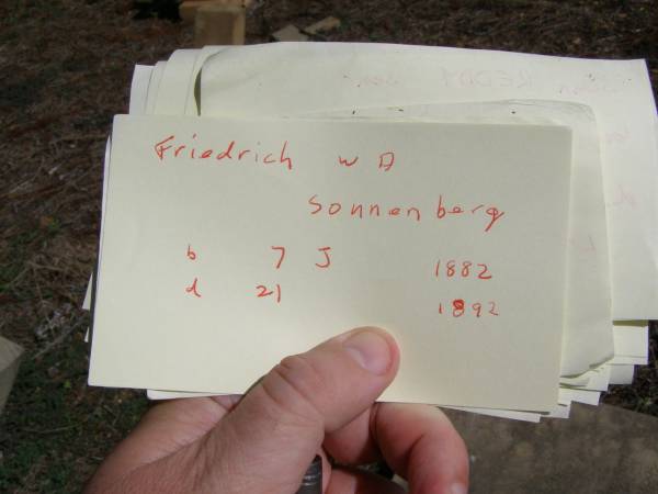 Friedrich W A SONNENBERG  | b: 7 J    1882  | d: 21     1892  | Hoya Lutheran Cemetery, Boonah Shire  |   | 