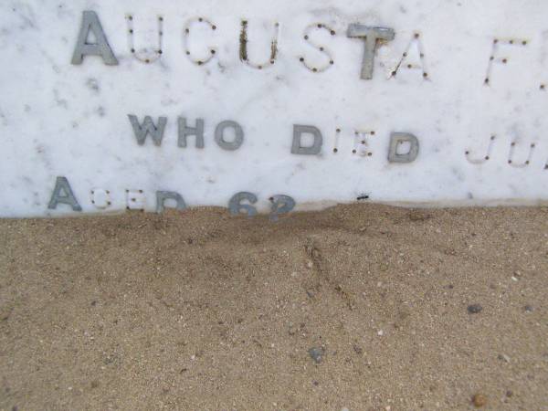Augusta F.L. SIEFERT, mother wife,  | died 20 July 1910 aged 62? years;  | Maria B.L. DODT, daughter,  | wife of August DODT,  | died 23 June 1910 aged 33 years 7 months;  | August F.W. SIEFERT, father,  | died 27 March 1912 aged 81 years 3 months;  | Ingoldsby Lutheran cemetery, Gatton Shire  | 