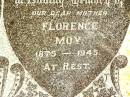 
Abraham John MOY,
husband father,
1868 - 1940;
Florence MOY,
mother,
1875 - 1945;
Ernest Alfred PIKE,
grandson,
25-09-1921 - 18-12-1921,
interred Warra cemetery;
Jandowae Cemetery, Wambo Shire
