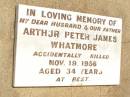 
Arthur Peter James WHATMORE,
husband father,
accidentally killed 19 Nov 1956 aged 34 years;
Jandowae Cemetery, Wambo Shire
