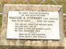 
Jean STEWART,
died 1-6-1929 aged 15 years,
erected by brother Donald;
James STEWART,
husband father,
died 21 Oct 1918 aged 30 years;
Mggie A. STEWART (nee DONALD),
mother,
died 15-10-1927 aged 42 years,
erected by children Jean, Nancy & Donald;
James DONALD,
died 10 Oct 1910 aged 66 years;
Nancy STEWART,
died 2-1-1930 aged 14 years,
erected by brother Donald;
Jandowae Cemetery, Wambo Shire
