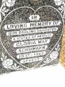 
Gloria May SCHUMANN,
daughter,sister of Neville,
1937 - 1943;
Jandowae Cemetery, Wambo Shire

