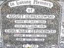 
August GERSEKOWSKI,
born 1 Dec 1880,
died 12 June 1941;
Emma Mary GERSEKOWSKI,
born 9 June 1880,
died 31 Dec 1956;
Jandowae Cemetery, Wambo Shire

