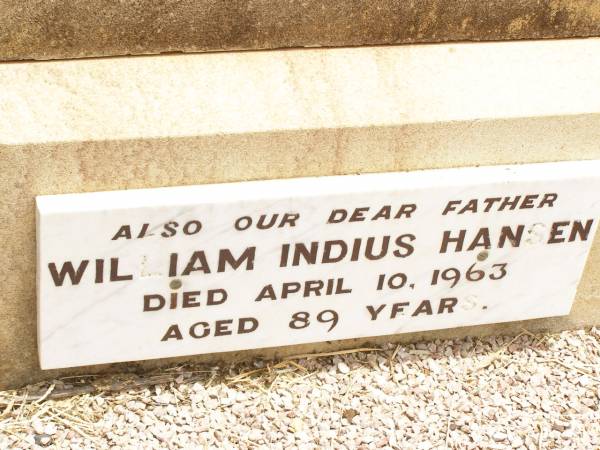 Florence HANSEN,  | died 9 May 1926 aged 51 years;  | William Indius HANSEN,  | father,  | died 10 April 1963 aged 89 years;  | Jandowae Cemetery, Wambo Shire  | 