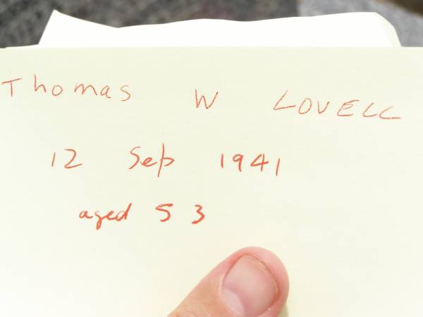 Thomas W. LOVELL,  | husband,  | died 12 Sept 1941 aged 53 years;  | Jandowae Cemetery, Wambo Shire  | 