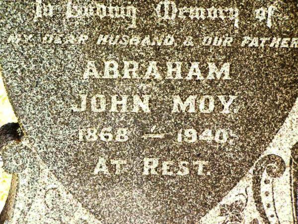Abraham John MOY,  | husband father,  | 1868 - 1940;  | Florence MOY,  | mother,  | 1875 - 1945;  | Ernest Alfred PIKE,  | grandson,  | 25-09-1921 - 18-12-1921,  | interred Warra cemetery;  | Jandowae Cemetery, Wambo Shire  | 