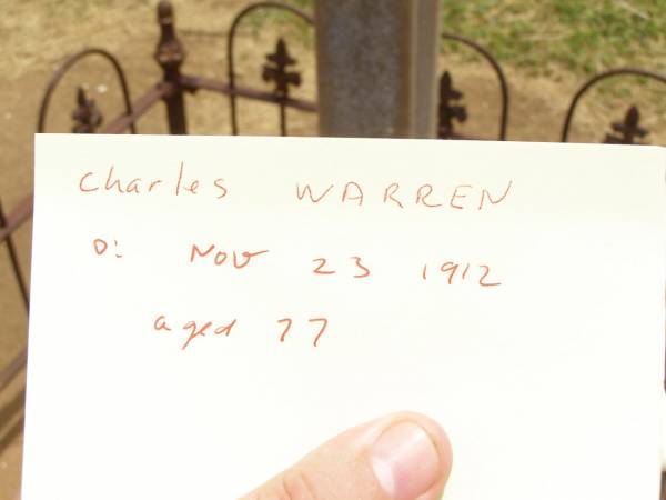 Charles WARREN,  | died 23 Nov 1912  | aged 77 years;  | Jandowae Cemetery, Wambo Shire  |   | 