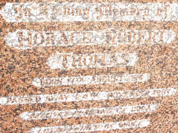 Horace Robert THOMAS,  | husband of Dora,  | father of Bruce,  | born 17 Aug 1915  | died 24 Nov 1987;  | Jandowae Cemetery, Wambo Shire  | 