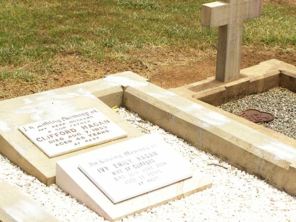 Clifford HAGAN,  | husband father,  | died 7 Aug 1953 aged 46 years;  | Ivy Emily HAGAN,  | wife of Clifford,  | died 25 June 2004 aged 88 years;  | Jandowae Cemetery, Wambo Shire  | 