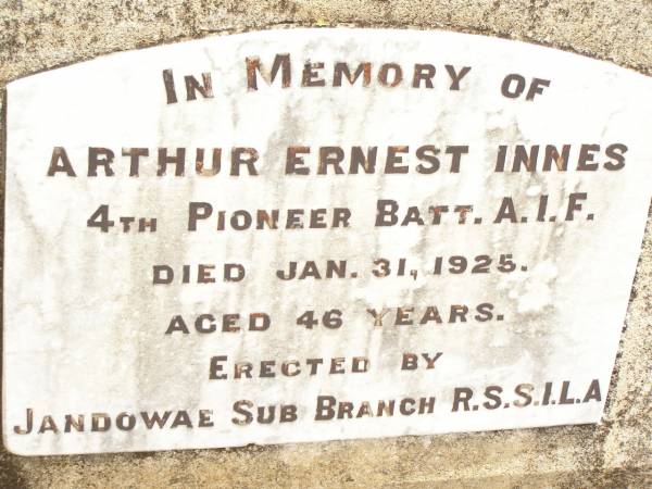 Arthur Ernest INNES,  | died 31 Jan 1925 aged 46 years;  | Jandowae Cemetery, Wambo Shire  | 