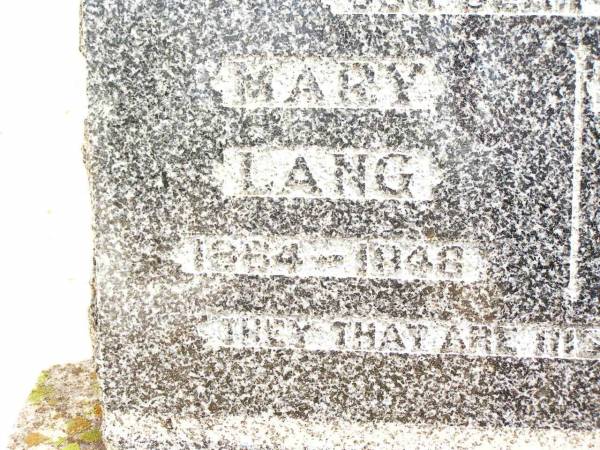 Mary LANG,  | 1864 - 1848;  | William John LANG,  | 1861 - 1933;  | William Roy,  | son brother,  | killed in action Beersheba 1917;  | Jandowae Cemetery, Wambo Shire  | 