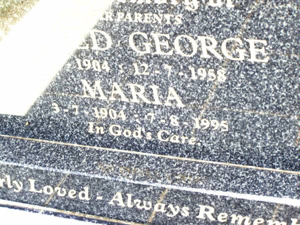 parents;  | Alfred George JENSEN,  | 7-8-1904 - 12-7-1958;  | Maria,  | 3-7-1904 - 7-8-1995;  | Jandowae Cemetery, Wambo Shire  |   | 