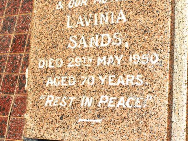 Lavinia SANDS,  | died 29 May 1950 aged 70 years;  | Reginald Edward SANDS,  | son brother,  | died 19 April 1938 aged 26 years;  | Jandowae Cemetery, Wambo Shire  | Research Contact: donaldhistory@gmail.com http://ritekgirl.centelia.net  |   | 