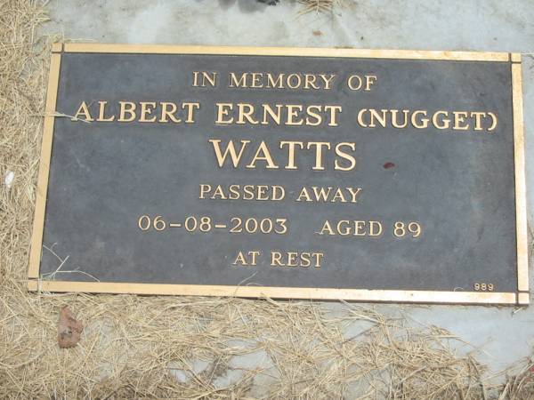 Albert Ernest (Nugget) WATTS,  | died 06-08-2003 aged 89 years;  | Jandowae Cemetery, Wambo Shire  | 