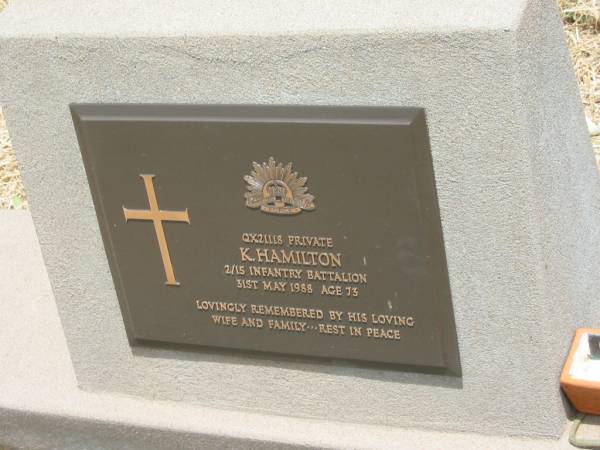 K. HAMILTON,  | died 31 May 1988 aged 73 years,  | remembered by wife & family;  | Jandowae Cemetery, Wambo Shire  | 
