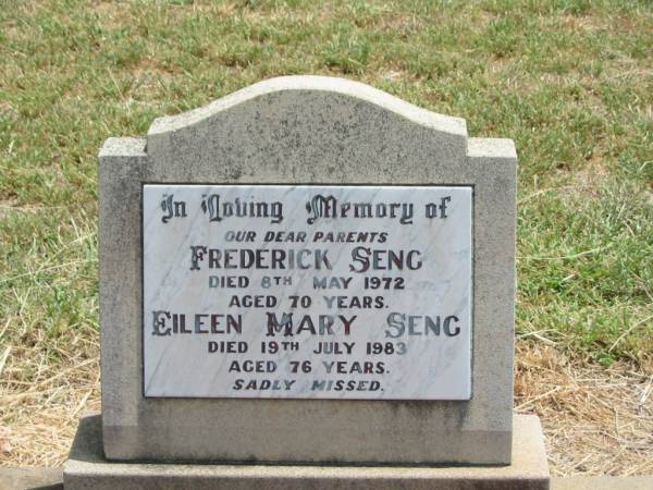 parents;  | Frederick SENG,  | died 8 May 1972 aged 70 years;  | Eileen Mary SENG,  | died 19 July 1983 aged 76 years;  | Jandowae Cemetery, Wambo Shire  | 