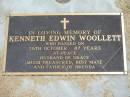 
Kenneth Edwin WOOLLETT,
died 28 Oct, aged 88 years,
husband of Grace,
father of Brenda;
Jandowae Cemetery, Wambo Shire
