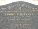 
Francis H. GOULD,
husband father,
died 30 April 1956 aged 82 years;
Sarah Mary GOULD,
wife of Francis, mother,
died 24 March 1963? aged 85? years;
Jandowae Cemetery, Wambo Shire
