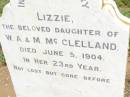 
Lizzie,
daughter of W.A. & M. MCCLELLAND,
died 5 June 1904 in her 23rd year;
Jimbour Station Historic Cemetery, Wambo Shire
