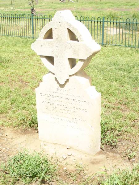Elizabeth Charlotte,  | wife of James CHALLACOMBE of Jimbour,  | died 5 June 1867 aged 27 years;  | Jimbour Station Historic Cemetery, Wambo Shire  | 