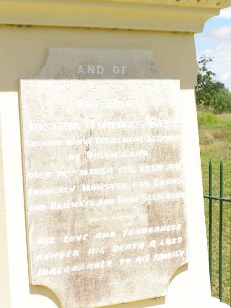 Joshua Peter BELL,  | died Brisbane 20 Dec 1881,  | erected widow & children;  | Joshua Thomas BELL,  | son,  | died 10 March 1911 aged 48 years;  | Margaret Miller BELL (nee DORSEY),  | wife mother,  | 1849 - 1914;  | Jimbour Station Historic Cemetery, Wambo Shire  |   | 