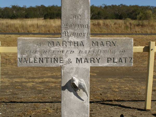 Martha Mary,  | daughter of Valentine & Mary PLATZ,  | died 10? March? 1911 aged 25 years 6 months;  | children;  | Frederick,  | died 15 Aug 1892;  | Albert,  | died 29 March 1896;  | Annie Margaret,  | died 3 April 1887;  | Valentine PLATZ,  | died 8 March 1917 aged 68 years,  | erected by wife & children;  | Maria PLATZ,  | died 1 July 1933 aged 78 years;  | Joseph Peter PLATZ,  | son of Valentine & Mary PLATZ,  | died 4 Dec 1921 aged 31 years,  | erected by mother, sisters & brothers;  | Mary PLATZ,  | mother,  | died 1 July 1933? aged 78 years;  | Jondaryan cemetery, Jondaryan Shire  | 