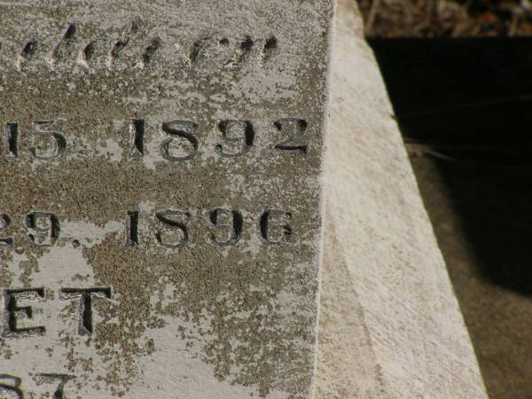 Martha Mary,  | daughter of Valentine & Mary PLATZ,  | died 10? March? 1911 aged 25 years 6 months;  | children;  | Frederick,  | died 15 Aug 1892;  | Albert,  | died 29 March 1896;  | Annie Margaret,  | died 3 April 1887;  | Valentine PLATZ,  | died 8 March 1917 aged 68 years,  | erected by wife & children;  | Maria PLATZ,  | died 1 July 1933 aged 78 years;  | Joseph Peter PLATZ,  | son of Valentine & Mary PLATZ,  | died 4 Dec 1921 aged 31 years,  | erected by mother, sisters & brothers;  | Mary PLATZ,  | mother,  | died 1 July 1933? aged 78 years;  | Jondaryan cemetery, Jondaryan Shire  | 