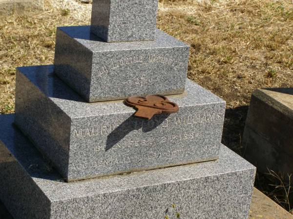 William Charles WILLIAMS,  | died 15 Nov 1913 aged 68 years;  | Ann Charlotte WILLIAMS,  | accidentally killed at Esk  | 25 Aug 1908 aged 56 years;  | Maurice Lloyd WILLIAMS,  | born 2 Feb 1884,  | accidentally killed 1 Oct 1904;  | Jondaryan cemetery, Jondaryan Shire  | 