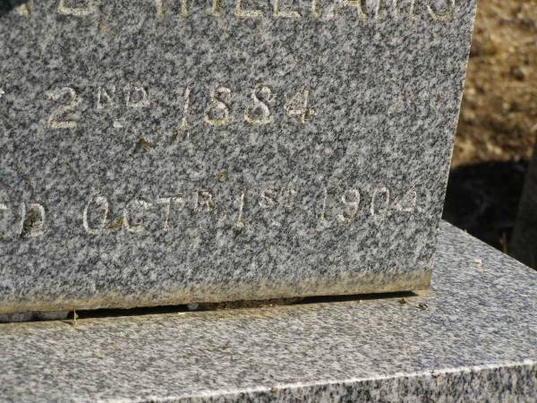 William Charles WILLIAMS,  | died 15 Nov 1913 aged 68 years;  | Ann Charlotte WILLIAMS,  | accidentally killed at Esk  | 25 Aug 1908 aged 56 years;  | Maurice Lloyd WILLIAMS,  | born 2 Feb 1884,  | accidentally killed 1 Oct 1904;  | Jondaryan cemetery, Jondaryan Shire  | 