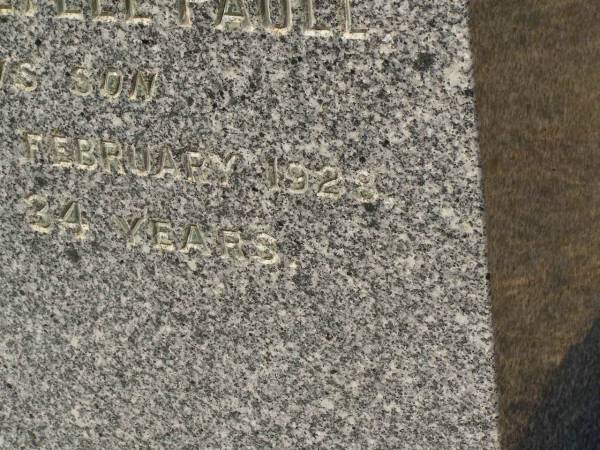 William James PAULL,  | died 21 Sept 1926 aged 80 years;  | William Lyell PAULL,  | son,  | died 19 Feb 1928 aged 34 years;  | Jondaryan cemetery, Jondaryan Shire  | 