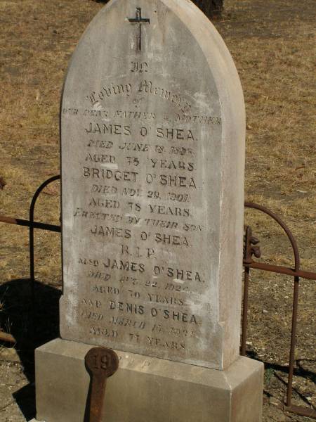 James O'SHEA,  | father,  | died 18 June 1896 aged 75 years;  | Bridget O'SHEA,  | mother,  | died 29 Nov 1901 aged 78 years;  | erected by son James O'SHEA;  | James O'SHEA,  | died 22 Aug 1925 aged 70 years;  | Dennis O'SHEA,  | died 13 Mach 1941 aged 77 years;  | Jondaryan cemetery, Jondaryan Shire  | Jondaryan cemetery, Jondaryan Shire  | 