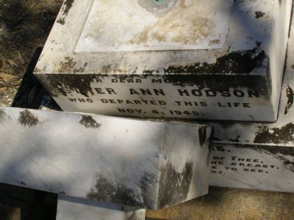 George William HODSON,  | father,  | husband of Esther Ann HODSON,  | died 5 March 1921 in 72nd year;  | Esther Ann HODSON,  | mother,  | died 4 Nov 1945 aged 88 years;  | Jondaryan cemetery, Jondaryan Shire  | 