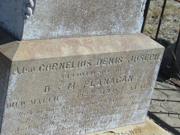 Annie Johanna QUINLAN,  | died 11 March 1911;  | Cornelius Denis Joseph,  | son of D. & M. FLANAGAN,  | died March 1922? aged 12? years;  | Cornelius QUINLAN,  | died 27 June 1914? aged 76 years;  | Mary Elizabeth FLANAGAN,  | died 20 June 1913? aged 70 years;  | Daniel FLANAGAN,  | died 5 March 1944 aged 71 years;  | parents of L.A. FLANAGAN;  | Jondaryan cemetery, Jondaryan Shire  | 