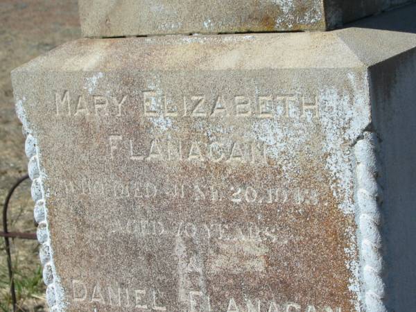 Annie Johanna QUINLAN,  | died 11 March 1911;  | Cornelius Denis Joseph,  | son of D. & M. FLANAGAN,  | died March 1922? aged 12? years;  | Cornelius QUINLAN,  | died 27 June 1914? aged 76 years;  | Mary Elizabeth FLANAGAN,  | died 20 June 1913? aged 70 years;  | Daniel FLANAGAN,  | died 5 March 1944 aged 71 years;  | parents of L.A. FLANAGAN;  | Jondaryan cemetery, Jondaryan Shire  | 