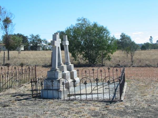John Benedict O'SHEA,  | died 16 Feb 1966 aged 81 years;  | John O'SHEA,  | husband of Julia O'SHEA,  | native of Co Cork Ireland,  | died Lagoon Creek 23 June 1898 aged 47 years;  | Julia O'SHEA,  | relict of late John O'SHEA,  | native of Co Cork Ireland,  | died Toowoomba 22 July 1934 aged 80 years;  | Jondaryan cemetery, Jondaryan Shire  | 